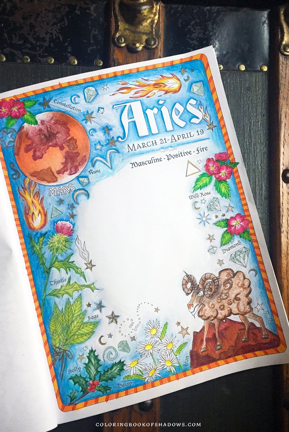 An Aries page in colored pencil from the Coloring Book of Shadows