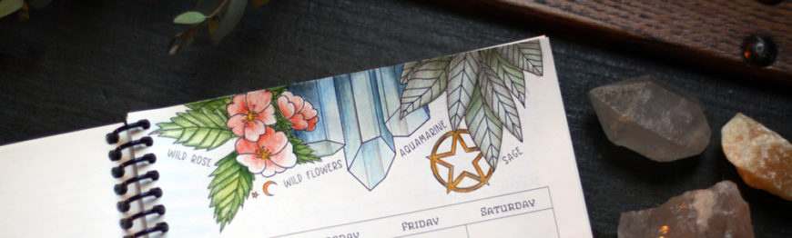 Coloring March Witchcraft Correspondences: sage, aquamarine, a hare, and Mars.