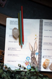 Coloring March Witchcraft Correspondences: sage, aquamarine, a hare, and Mars.